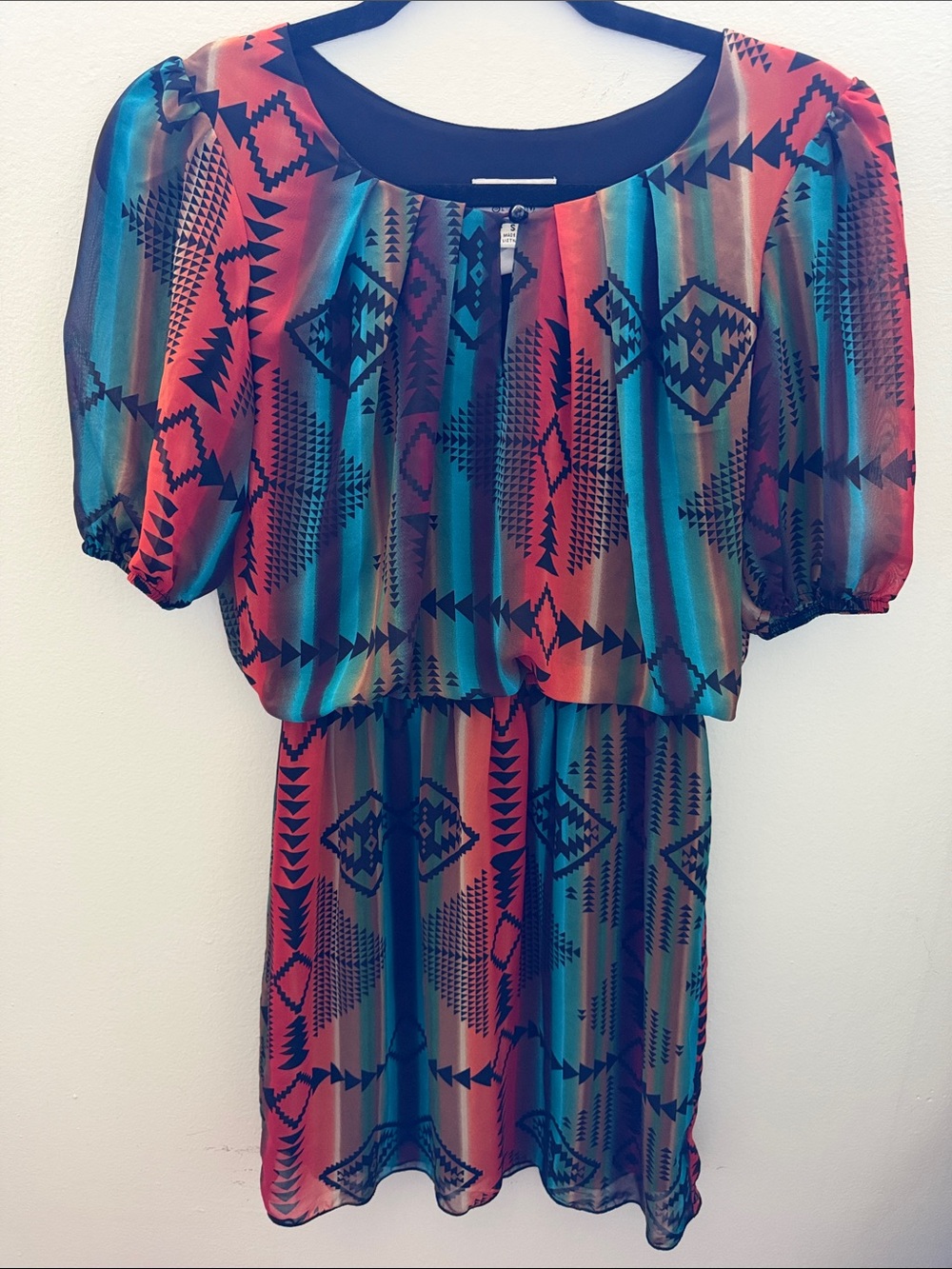 Boho Aztec Stripe Chiffon Dress in Teal & Coral